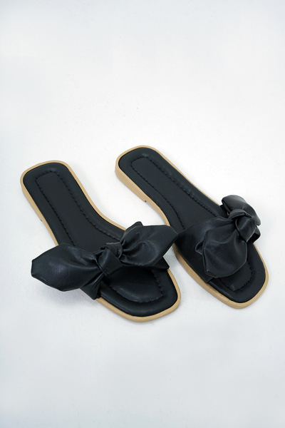 Trend Alaçatı Stili Women's Black Bow Detailed Faux Leather Flat Slippers Alc-X14011