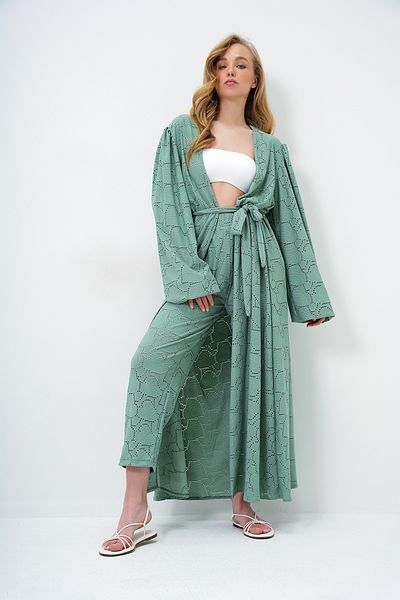 Trend Alaçatı Stili Women's Mint Green Self Textured Openwork Long Pants Kimono Suit Alc-X11710