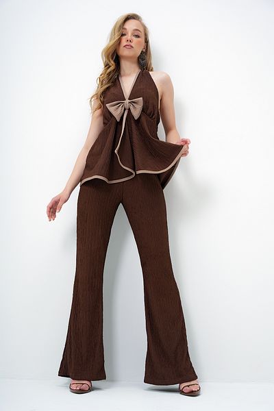 Trend Alaçatı Stili Women's Bitter Brown Backless Piping and Bow Detailed Wrap Blouse and Trousers Set Alc-X13969