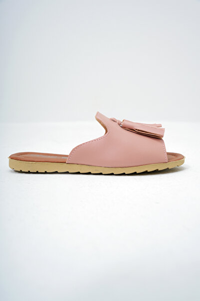 Trend Alaçatı Stili Damen-Hausschuhe aus Kunstleder mit flacher Sohle und rosa Quasten, ALC-X14010