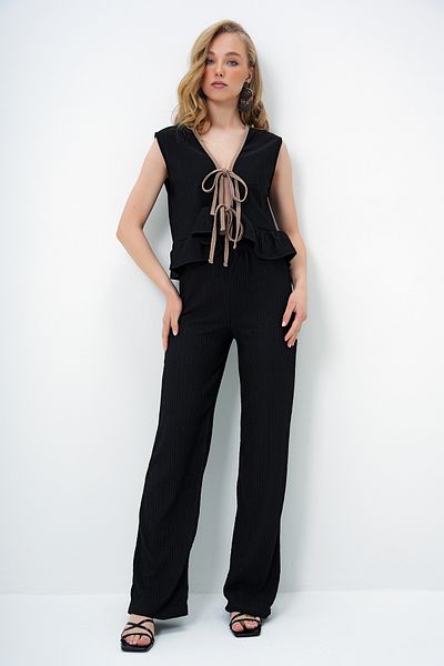 Trend Alaçatı Stili Women's Black Lace-Up Detailed Ribbed Vest and Trousers Set Alc-X13970