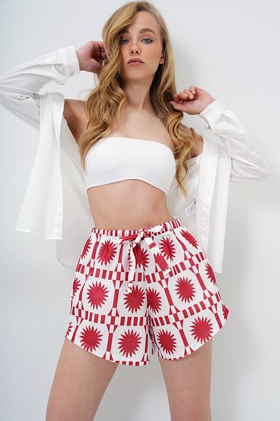 Trend Alaçatı Stili Women's Brick Double Pocket Sun Pattern Self Tie Beach Shorts Alc-X14133