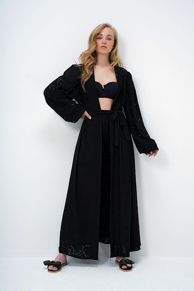 Trend Alaçatı Stili Women's Matte Black Self Textured Openwork Long Pants Kimono Suit Alc-X11710