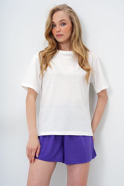 Trend Alaçatı Stili Women's Purple Cotton Basic T-Shirt and Tie-Up Shorts Combed Cotton Bottom Top Set Pjm-X13904