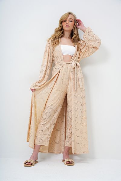 Trend Alaçatı Stili Women's Beige Self Textured Openwork Long Pants Kimono Suit Alc-X11710