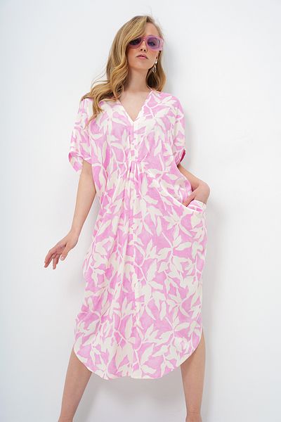 Trend Alaçatı Stili Women's Pink V-Neck Patterned Summer Maxi Length Woven Dress Alc-X14087