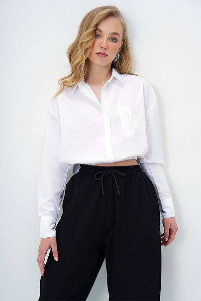 Trend Alaçatı Stili Women's White Wide Cuff Elastic Waist Crop Poplin Shirt Alc-X13963