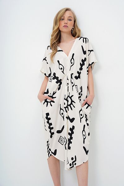 Trend Alaçatı Stili Women's Ecru-Black V-Neck Patterned Summer Maxi Length Woven Dress Alc-X14087