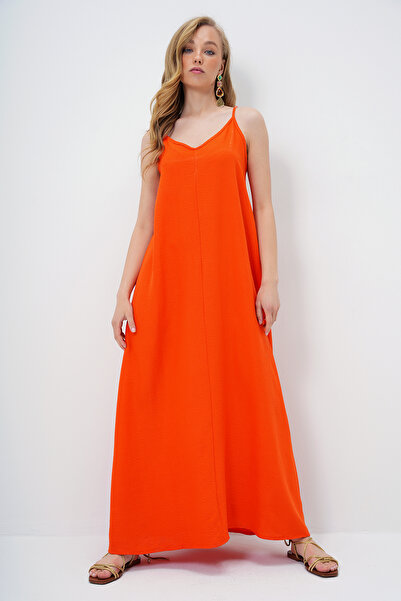 Trend Alaçatı Stili Women's Orange Adjustable Strap V-Neck Aerobin Summer Dress Alc-X14067