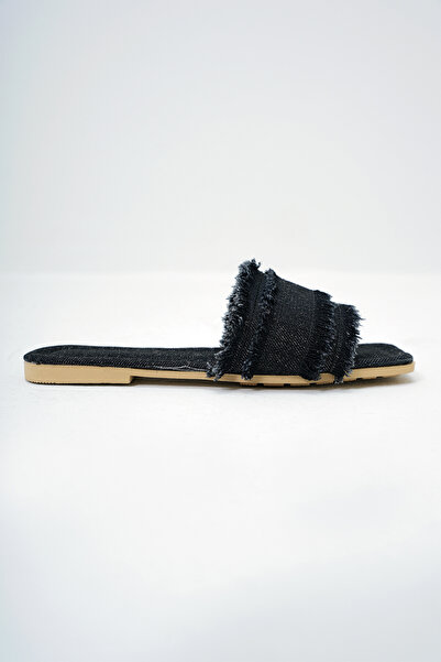 Trend Alaçatı Stili Women's Black Tassel Detailed Linen Fabric Flat Slippers Alc-X14132