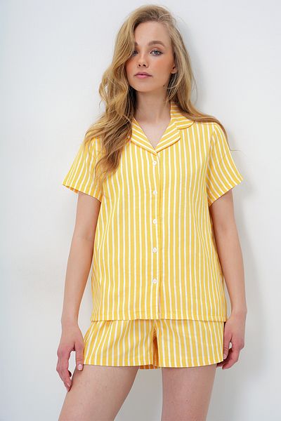 Trend Alaçatı Stili Cămașă și pantaloni scurți tricotați din bumbac galben de vară pentru femei ALC-X14085