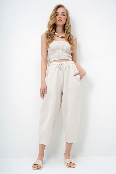 Trend Alaçatı Stili Women's Ecru Front Stitching Detailed 4-Pocket Shalwar Cut Woven Linen Trousers Alc-X14050