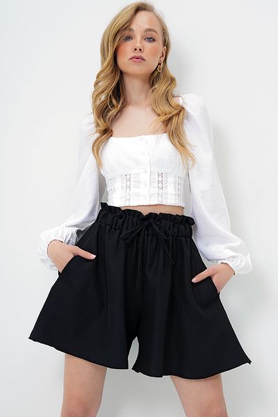 Trend Alaçatı Stili Women's Black Double Pocket Tie Detailed Summer Woven Shorts Skirt Alc-X14096