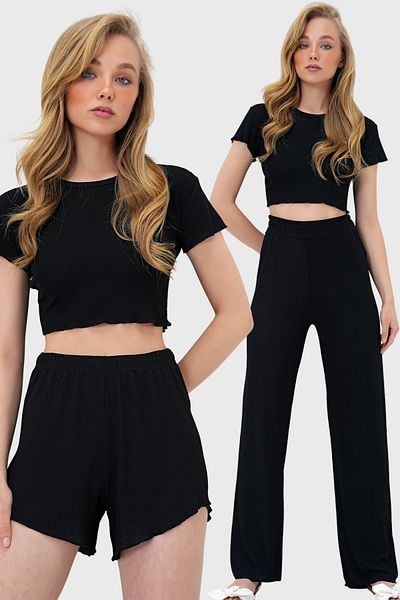 Trend Alaçatı Stili Bluză neagră pentru femei, pantaloni scurți și pantaloni, set de 3 piese PJM-X13916