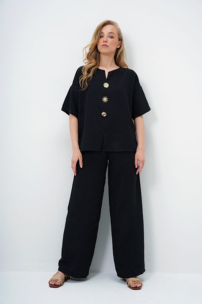 Trend Alaçatı Stili Women's Black V-Neck Metal Gold Button Detail Aerobin Blouse and Pant Bottom Top Suit Alc-X14122