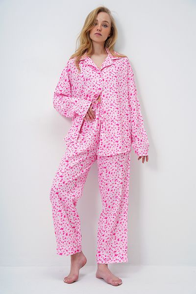 Trend Alaçatı Stili Women's Pink Piping Detailed Digital Printed Satin Long Shirt and Pants Pajamas Set Pjm-X13913