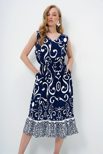Trend Alaçatı Stili Women Ecru-Navy Blue Front Back V-Neck Patterned Skirt Flounces Summer Woven Dress Alc-X14095