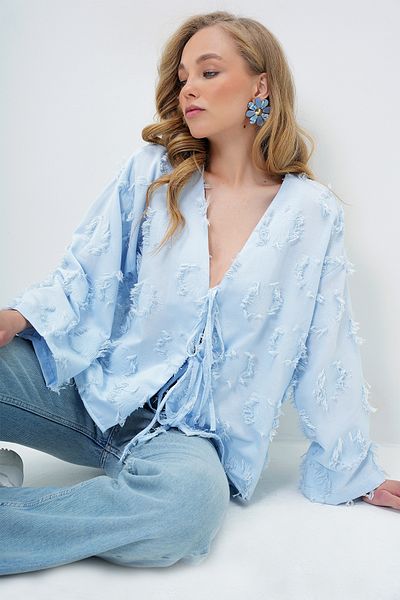 Trend Alaçatı Stili Women's Blue V-Neck Front Tie Tassel Detailed Summer Linen Jacket Alc-X13793