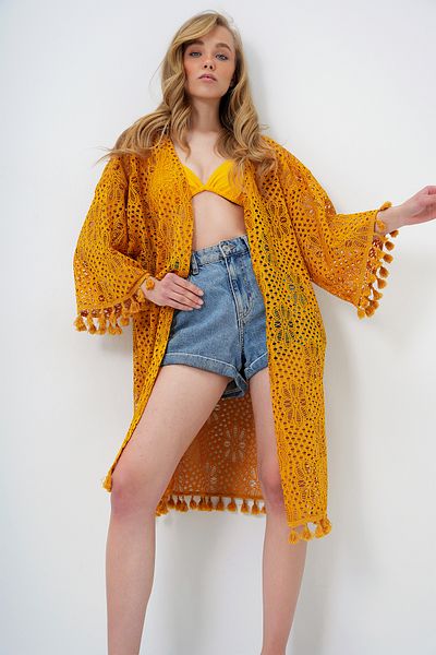 Trend Alaçatı Stili Senfgelber, durchbrochener Kimono mit Quasten für Damen ALC-X14140