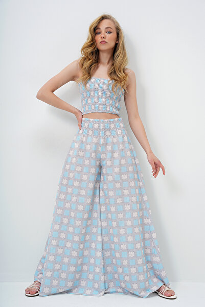 Trend Alaçatı Stili Dámské baby blue kalhoty s širokými nohavicemi a triko s triko Alc-X14058