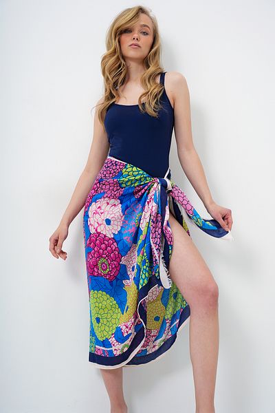 Trend Alaçatı Stili Marineblauer Pareo-Schal mit Blumenmuster für Damen ALC-X14151