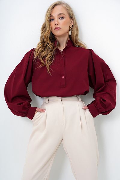 Trend Alaçatı Stili Women's Burgundy Judge Collar Half Placket Balloon Sleeve Poplin Shirt Blouse Alc-X14059