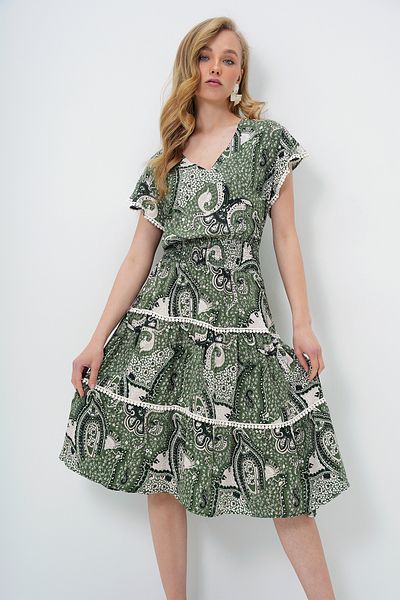 Trend Alaçatı Stili Women's Ecru-Green V-Neck Ethnic Patterned Scallop Detailed Waist Gimped Woven Dress Alc-X14094