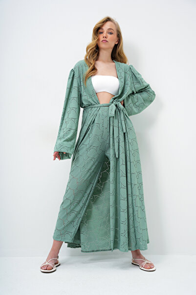 Trend Alaçatı Stili Mintgrüner, selbststrukturierter, durchbrochener Kimono-Anzug mit langen Hosen für Damen ALC-X11710