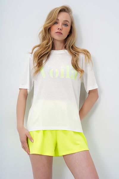 Trend Alaçatı Stili Women's Lemon Yellow Front Text Printed Cotton Basic T-Shirt and Shorts Combed Cotton Bottom Top Set Pjm-X13902