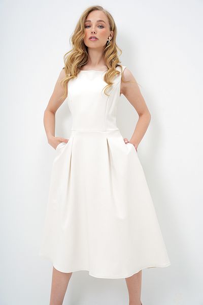 Trend Alaçatı Stili Women's Ecru Boat Neck Stitching Detailed Midi Length Lined Flared Dress Alc-X13975