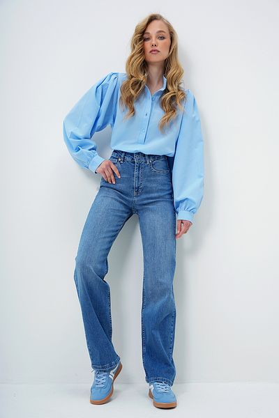 Trend Alaçatı Stili Blaue Palazzo-Jeanshose aus gewaschenem Lycra mit hoher Taille für Damen ALC-X13954