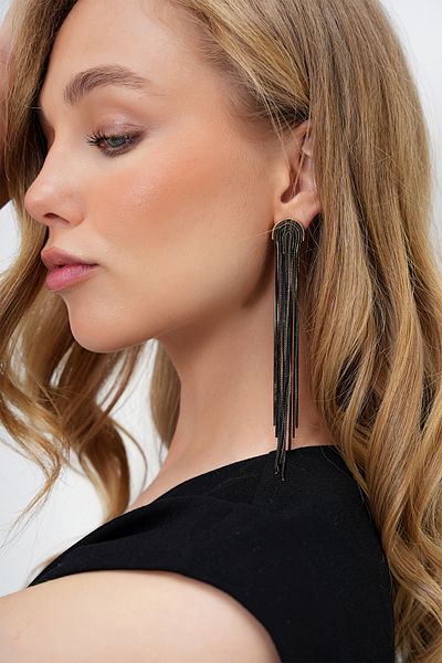 Trend Alaçatı Stili Women's Black Gold Detailed Dangle Chain Earrings Alc-X14019