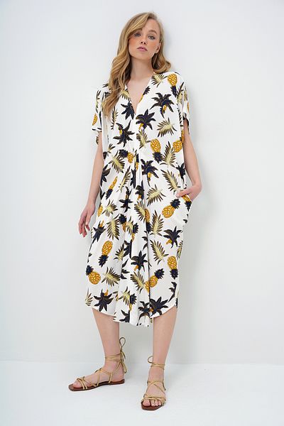 Trend Alaçatı Stili Women's Ecru-Yellow V-Neck Patterned Summer Maxi Length Woven Dress Alc-X14087
