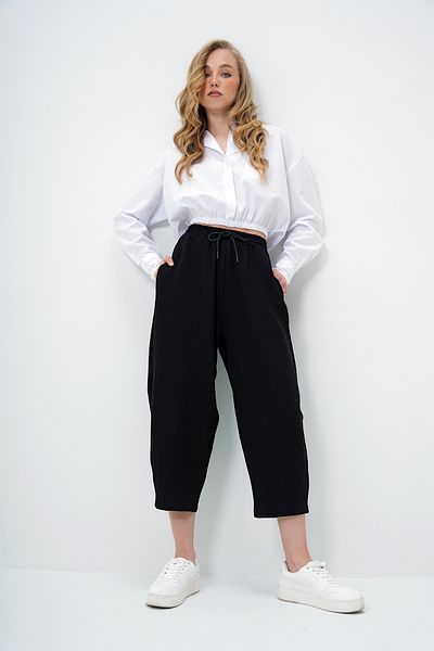 Trend Alaçatı Stili Women's Black Front Stitching Detailed 4 Pocket Shalwar Cut Woven Linen Trousers Alc-X14050