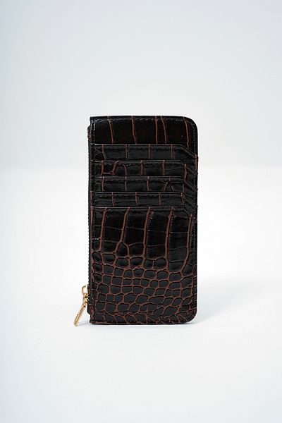 Trend Alaçatı Stili Women's Bitter Brown Faux Leather Zippered Coin Compartment Croco Pattern Thin Card Holder Alc-X14078
