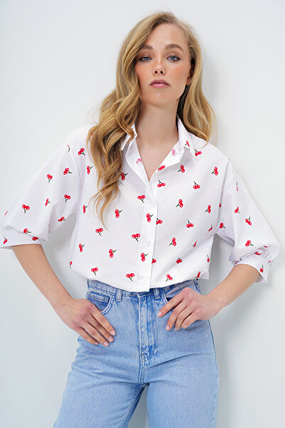 Trend Alaçatı Stili Női piros mintás mintás léggömb ujjú poplin ing ALC-X14075