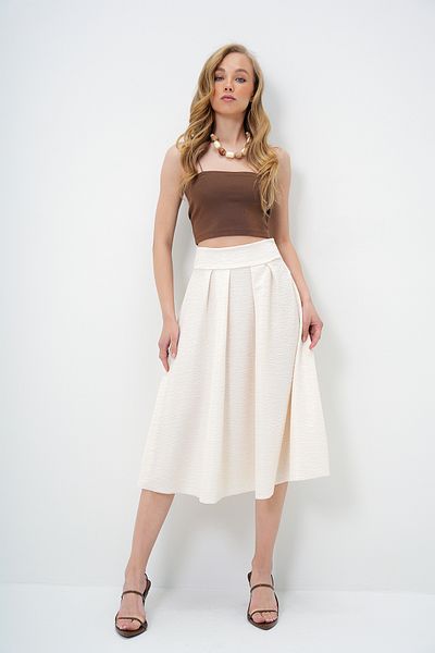 Trend Alaçatı Stili Cremefarbener, hoher Taillenrock mit breitem Gürtel und verstecktem Reißverschluss für Damen, Midi-Länge, strukturierter Rock ALC-X13473