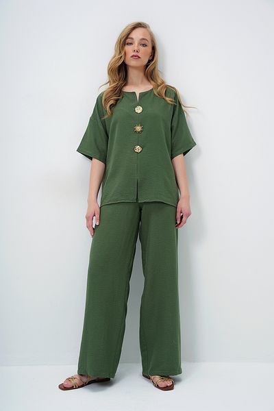Trend Alaçatı Stili Women's Khaki V-Neck Metal Gold Button Detail Aerobin Blouse and Pant Bottom Top Suit Alc-X14122