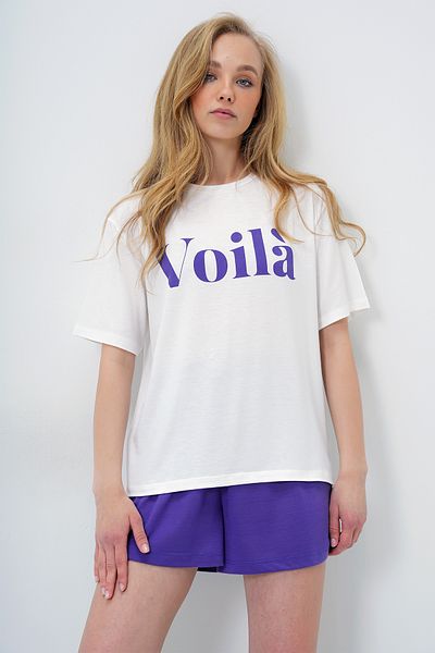 Trend Alaçatı Stili Women's Purple Front Text Printed Cotton Basic T-Shirt and Shorts Combed Cotton Bottom Top Set Pjm-X13902