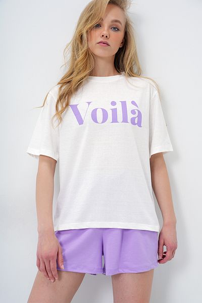 Trend Alaçatı Stili Women's Lilac Front Text Printed Cotton Basic T-Shirt and Shorts Combed Cotton Bottom Top Set Pjm-X13902