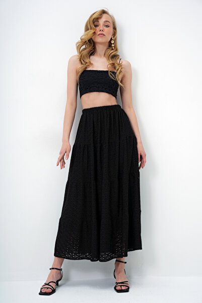 Trend Alaçatı Stili Women's Black Katkat Flounce Guipure Premium Skirt Alc-X14141