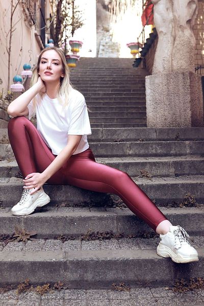 1Moda1Tarz Gianella Burgundy Long Belted Slimming Shiny Tights - Burgundy Wine