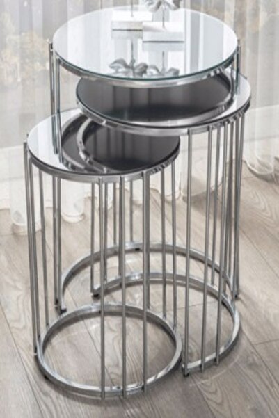 Dinç Metal Sehpa Dinç Metal Napoli Krom Metal Ayaklı Düz Aynalı Zigon Sehpa 3'lü