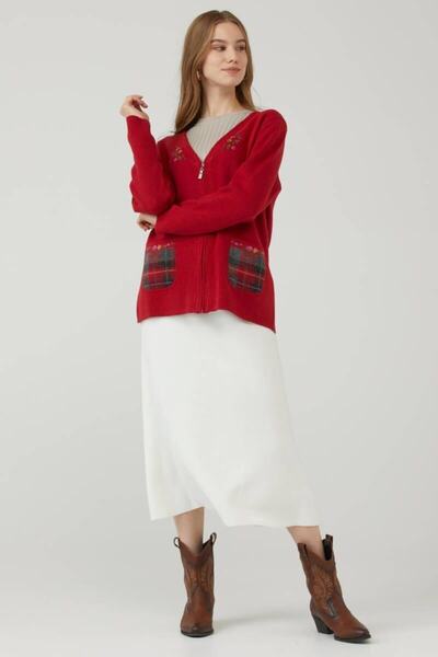 Sementa Kadın Çiçek Nakışlı Cepli Fermuarlı Triko Ceket - Kırmızı