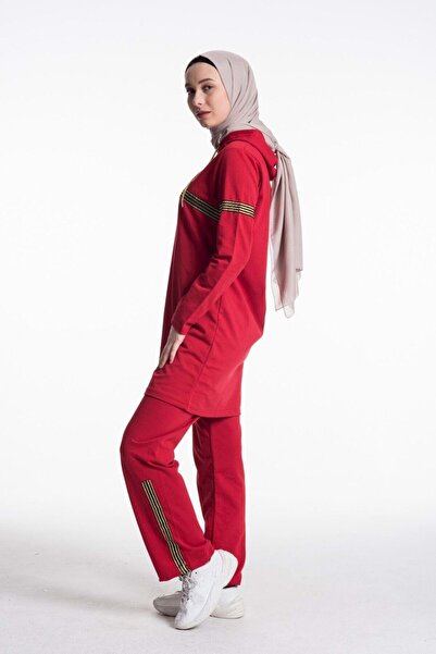 CNG MODA Women's Light Red Hooded Glitter Stripe Tracksuit Set
