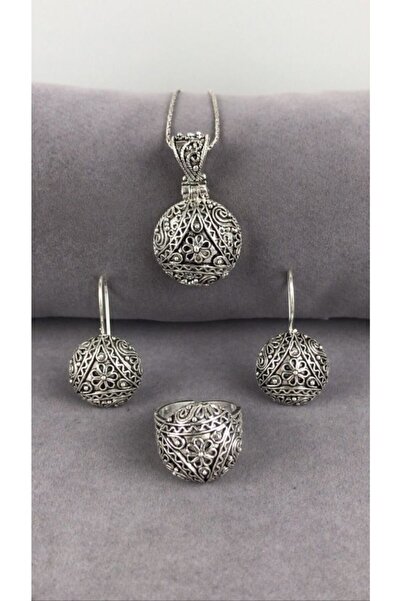 BEY SİLVER Telkari Çiçekli Yuvarlak Gümüş Kadın Set