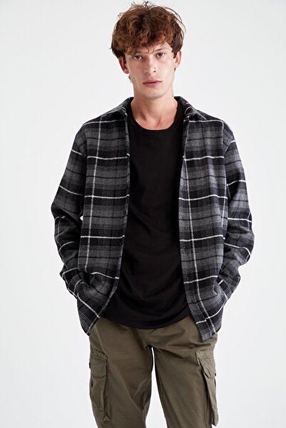 DeFacto Regular Fit Polo Yaka Kareli Geri Dönüşümlü Oduncu Uzun Kollu Gömlek