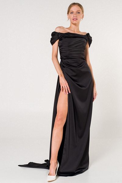 SpringStore Rochie de seara din satin neagra cu umeri