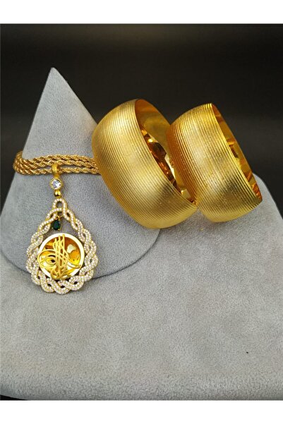 barisiva gold 22 Ayar Altın Kaplama Kadın 2 Adet 4 Cm Bilezik 1 Adet Kolye Set