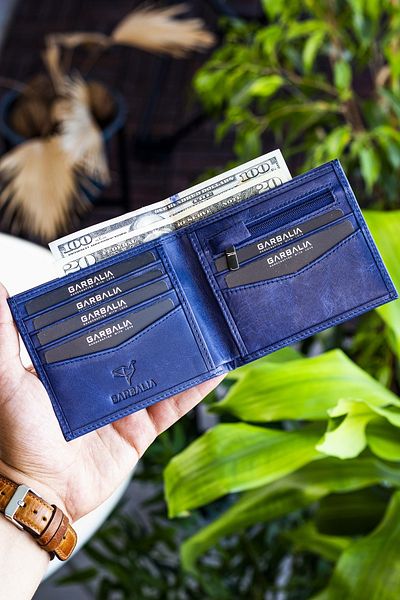 Garbalia Ανδρικό πορτοφόλι Navy Blue Delhi από γνήσιο δέρμα λεπτό με θήκη για νομίσματα